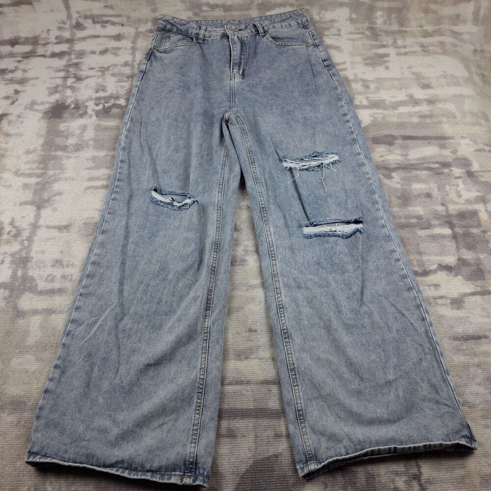 SHEIN Wide Leg Jeans Womens L 8 10 High Waisted Distressed Ripped Light Wash...